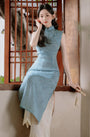 Elegant Blue Floral Embroidered Cheongsam Set