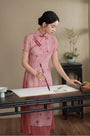 Graceful Watermelon Red Floral Silk Linen Layered Cheongsam Dress