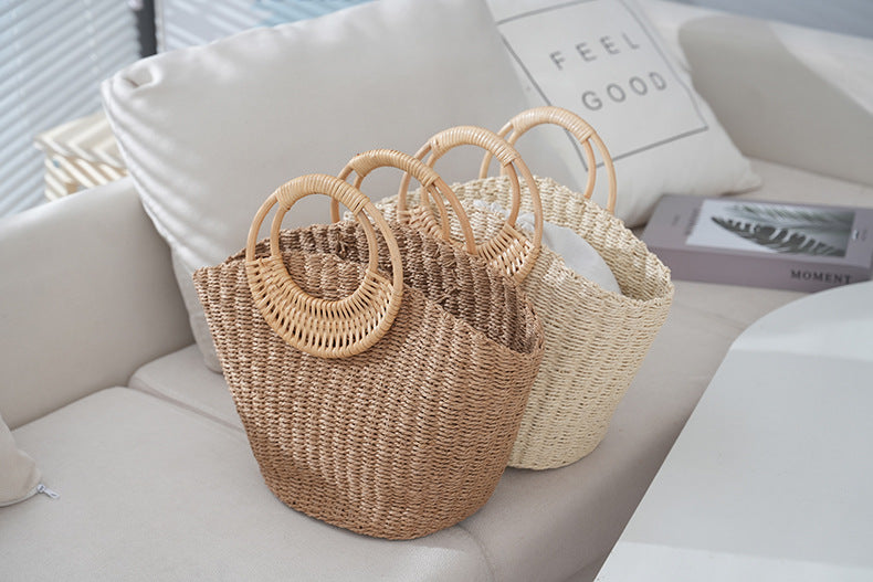 Rattan Handle Straw Tote Bag Vacation Beach Tote Bag - Masion Chérie