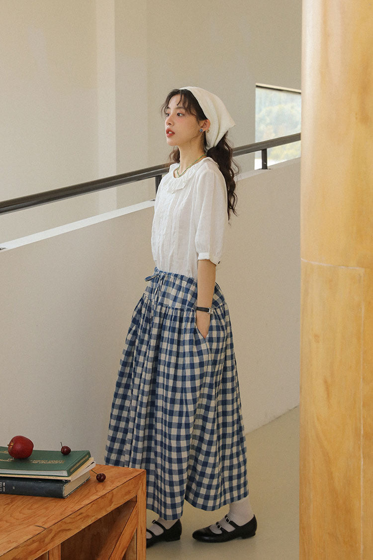 Blue and White Gingham A-Line Midi Skirt - Masion Chérie