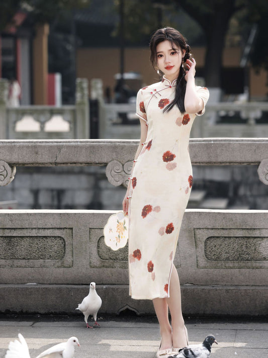 Delicate Ivory Floral Print Cheongsam Dress