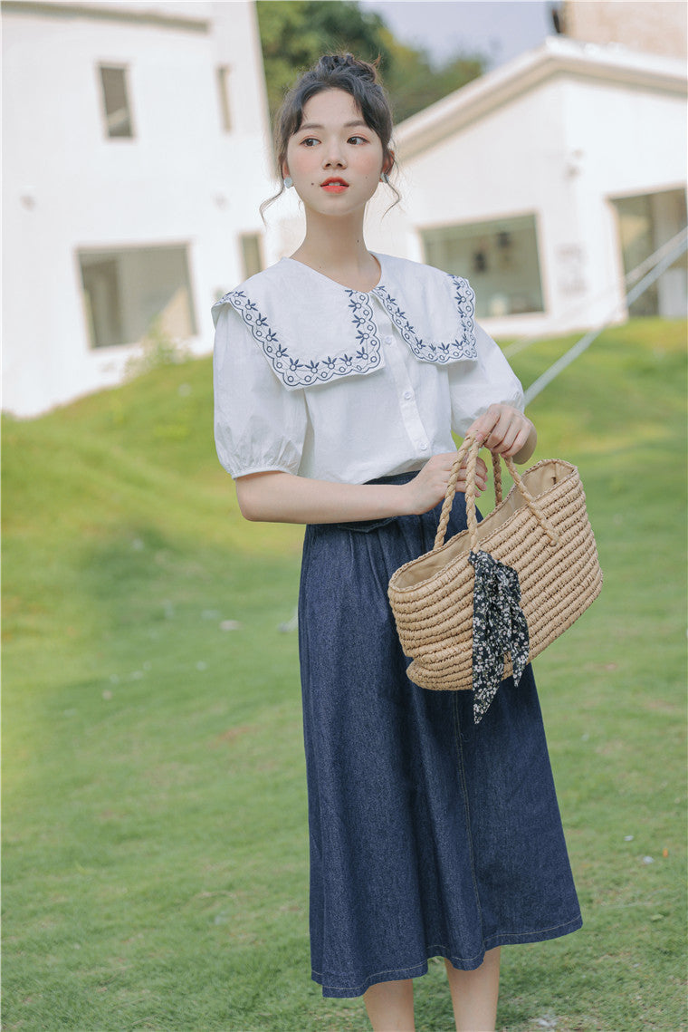 White Embroidered Peter Pan Collar Button-Down Blouse - Masion Chérie