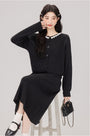 Elegant Embellished Collar Black Knit Cardigan and Skirt Set