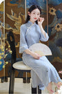 Elegant Blue Long Sleeve Modified Cheongsam Dress