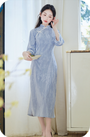 Elegant Blue Long Sleeve Modified Cheongsam Dress