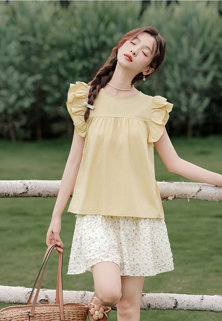 Yellow Ruffled Sleeve Blouse and Floral Mini Skirt Set