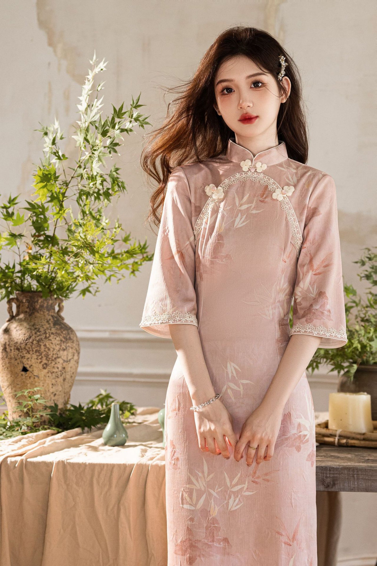 Opulent Blush Pink Jacquard Floral Cheongsam Dress