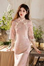 Opulent Blush Pink Jacquard Floral Cheongsam Dress