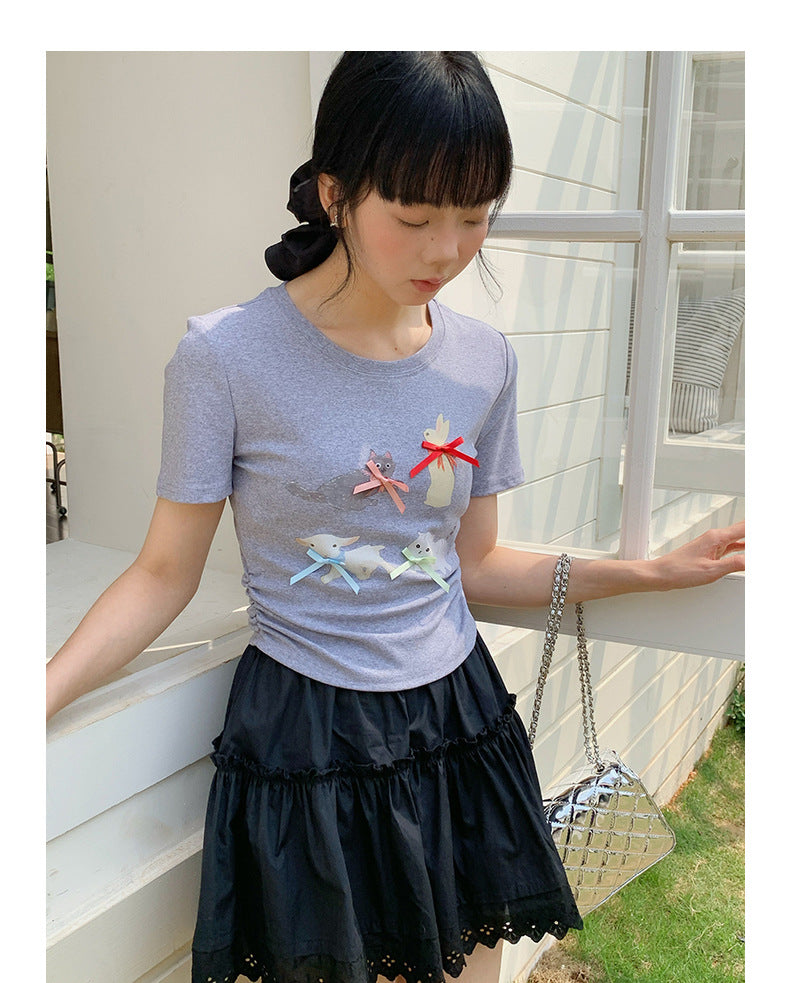 Short Sleeve Bow Print T-Shirt - Masion Chérie