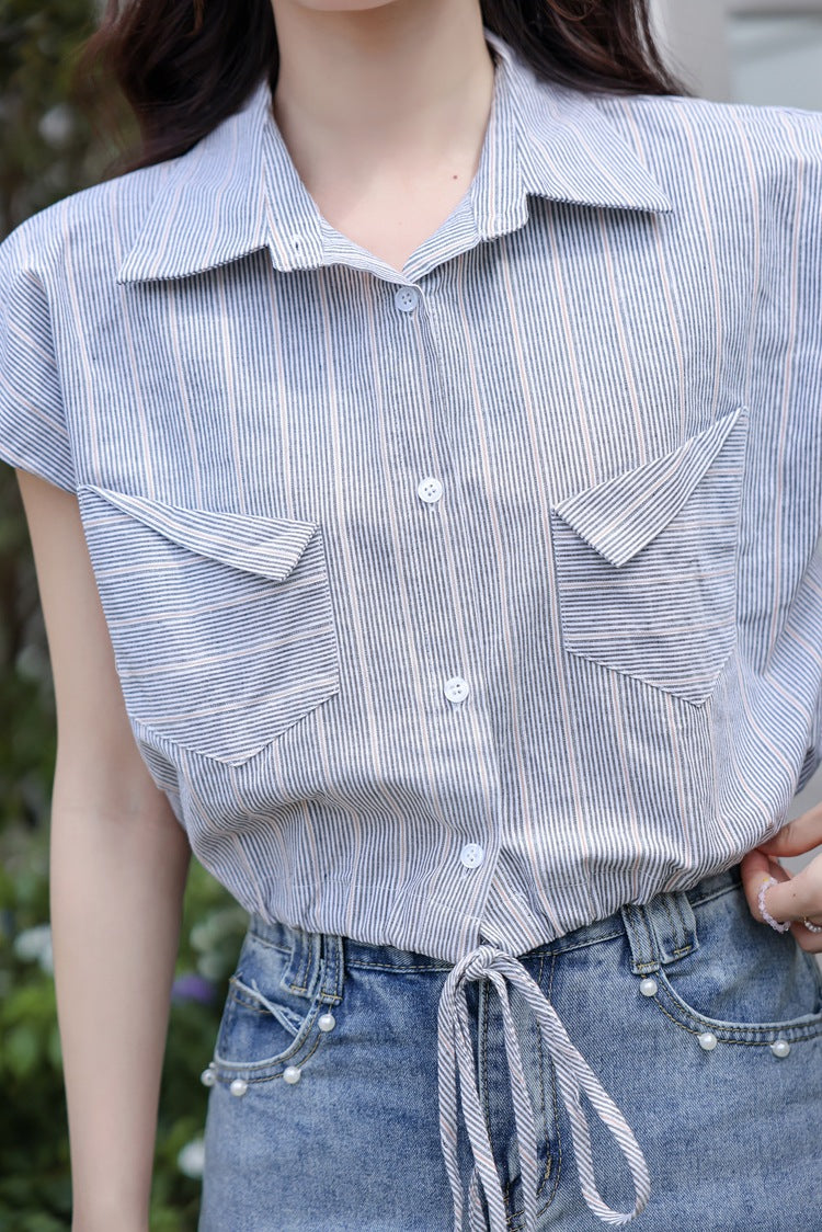 Striped Cap Sleeve Button-Down Blouse - Masion Chérie