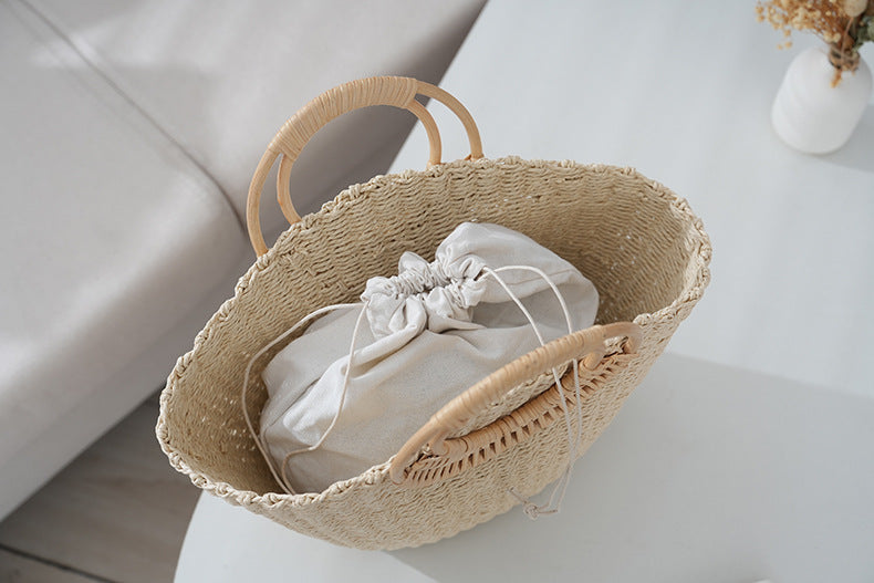 Rattan Handle Straw Tote Bag Vacation Beach Tote Bag - Masion Chérie