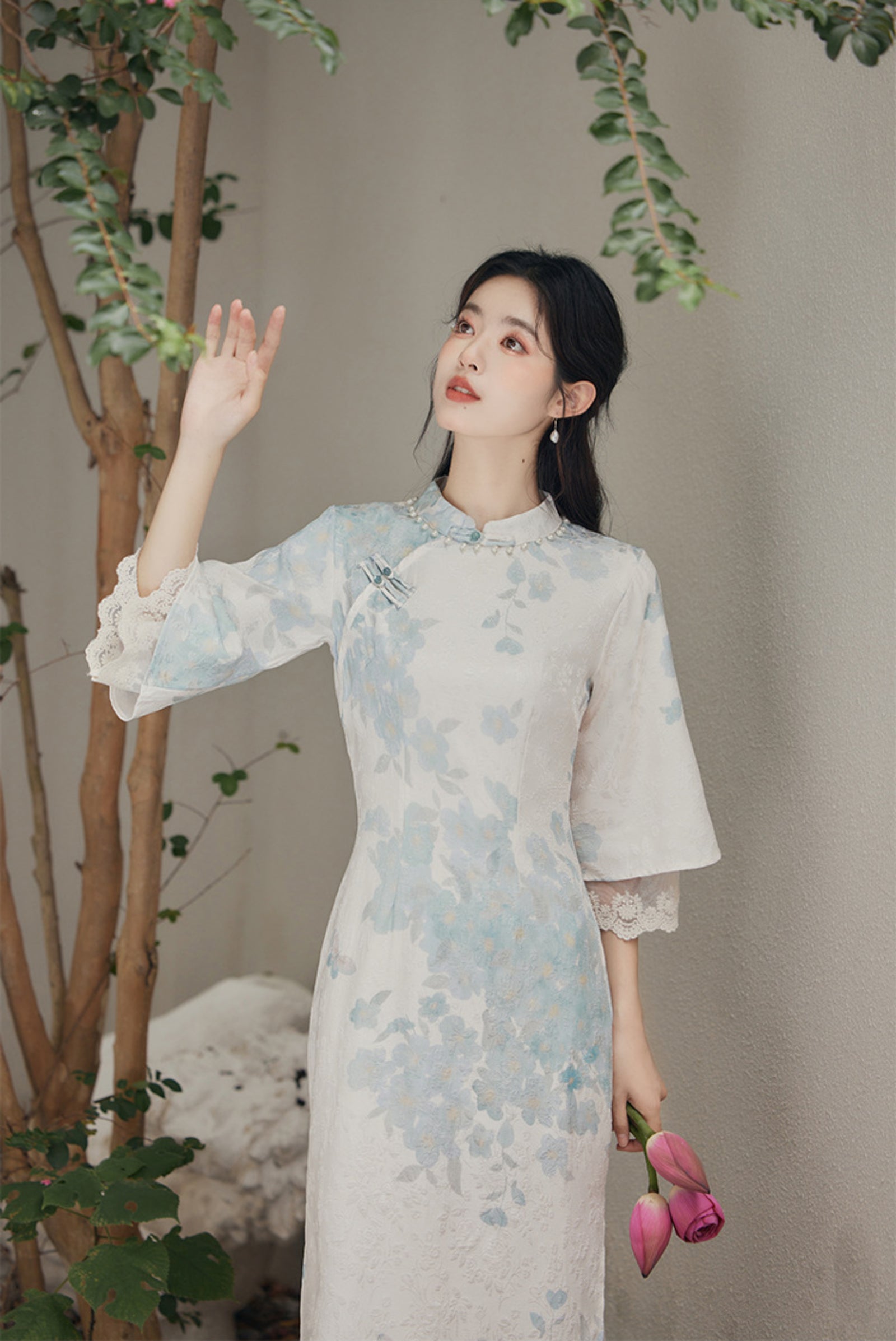 Delicate Pastel Floral Lace Cheongsam Dress