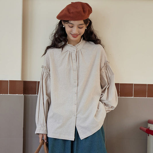 Loose-Fit Cotton-Linen Ruffled Collar Blouse