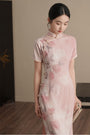 Blush Pink Rose Print Jacquard Cheongsam Dress