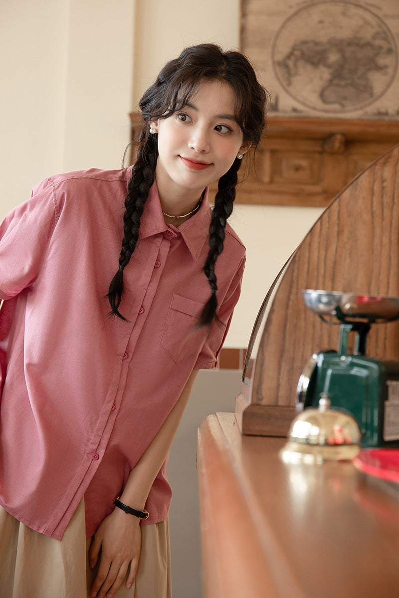 Vintage Pink Short Sleeve Button-Down Shirt - Masion Chérie