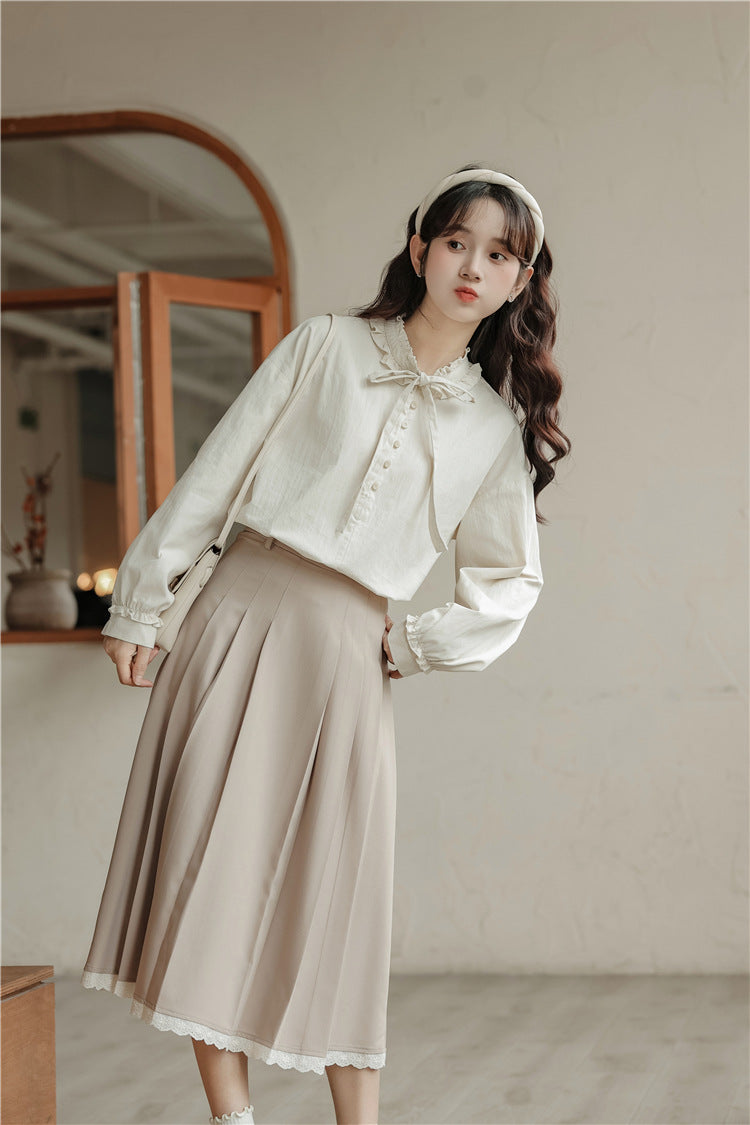 Elegant Ruffled Collar Ribbon-Tie Loose Fit Blouse