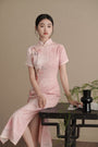 Blush Pink Rose Print Jacquard Cheongsam Dress