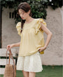 Yellow Ruffled Sleeve Blouse and Floral Mini Skirt Set