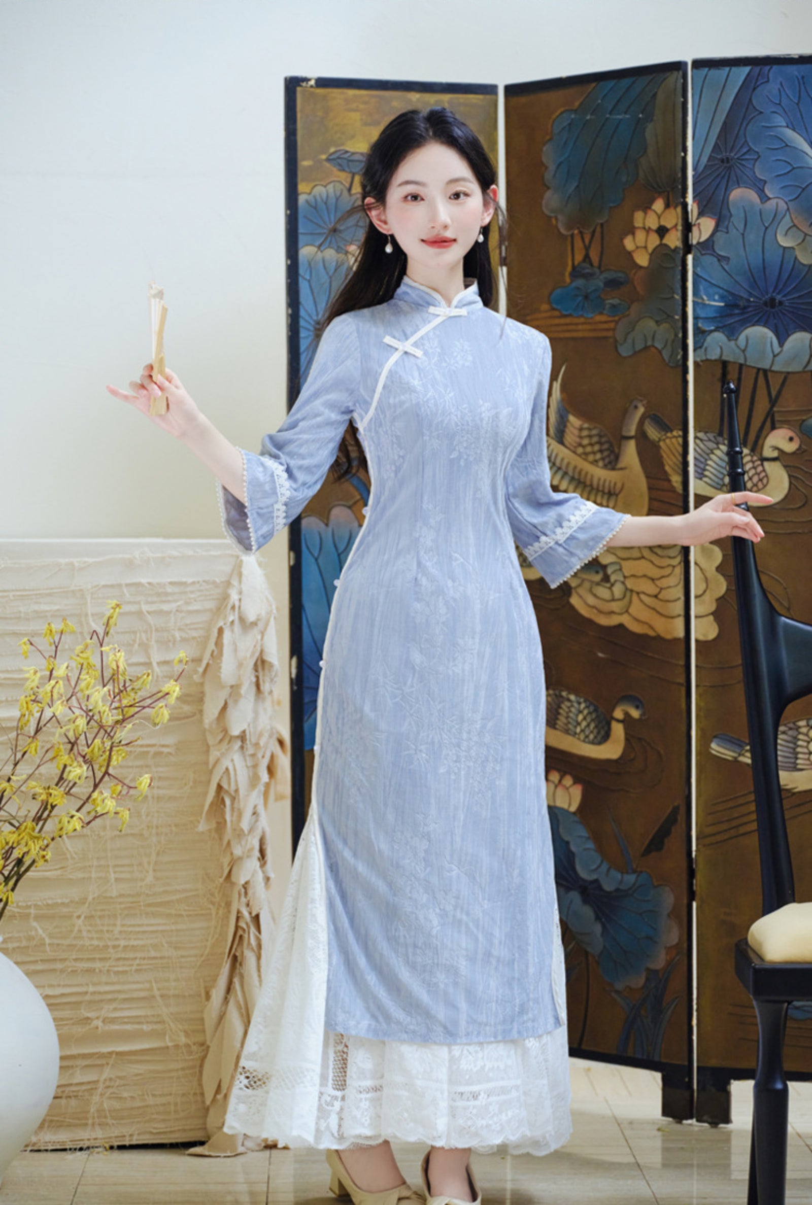 Elegant Blue Long Sleeve Modified Cheongsam Dress