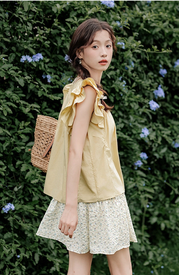 Yellow Ruffled Sleeve Blouse and Floral Mini Skirt Set