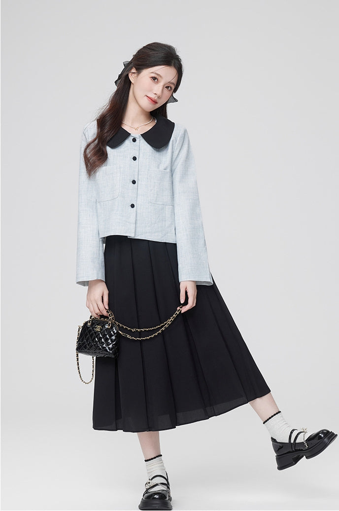 Bow-Tie Collar Blue Buttoned Blouse and Pleated Black Skirt Set