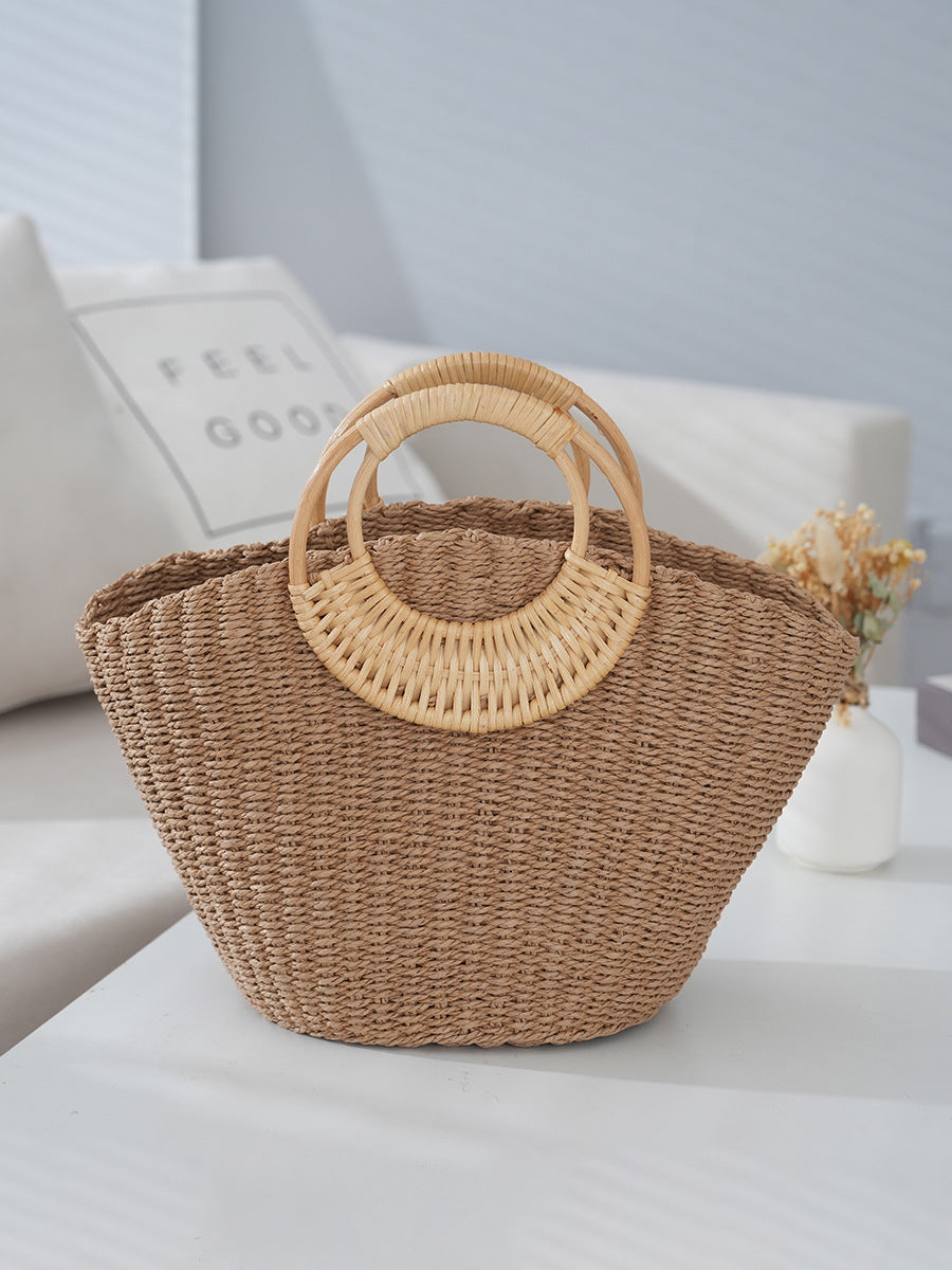 Rattan Handle Straw Tote Bag Vacation Beach Tote Bag - Masion Chérie