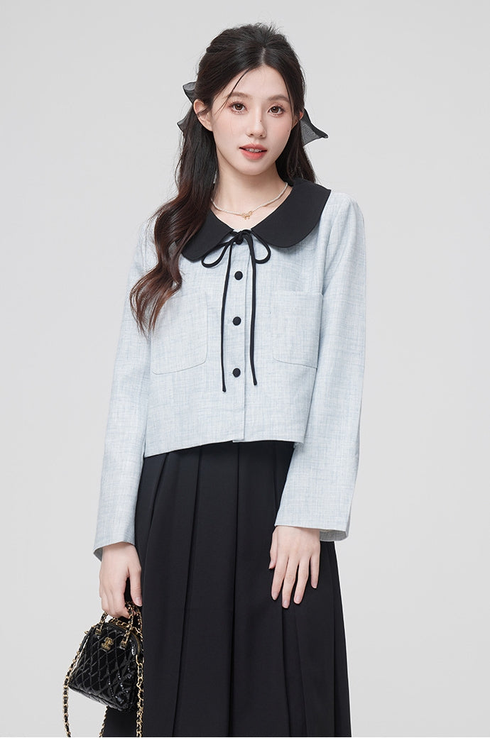 Bow-Tie Collar Blue Buttoned Blouse and Pleated Black Skirt Set