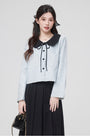 Bow-Tie Collar Blue Buttoned Blouse and Pleated Black Skirt Set