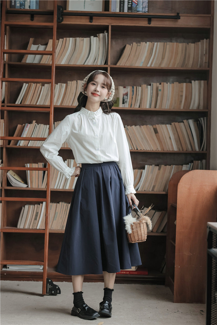 Charming White Ruffled Collar Button-Down Blouse