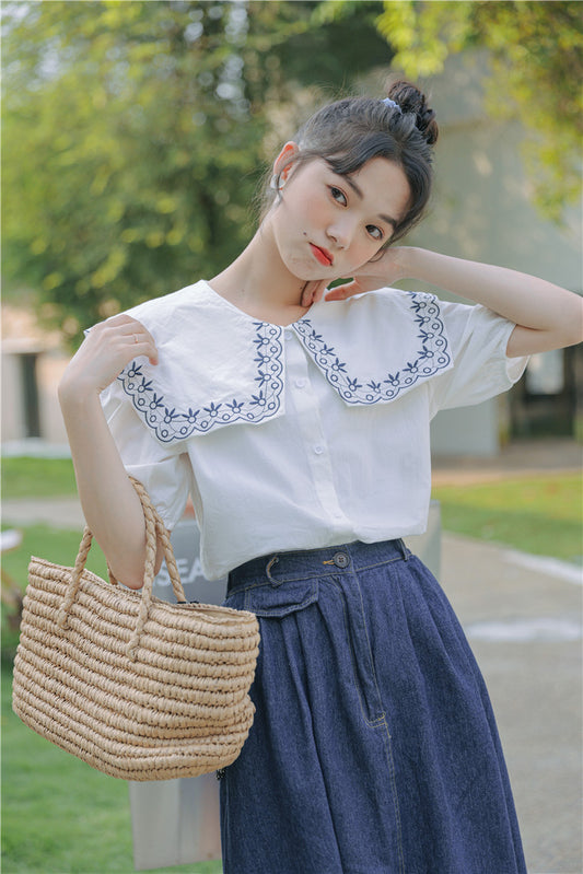 White Embroidered Peter Pan Collar Button-Down Blouse - Masion Chérie