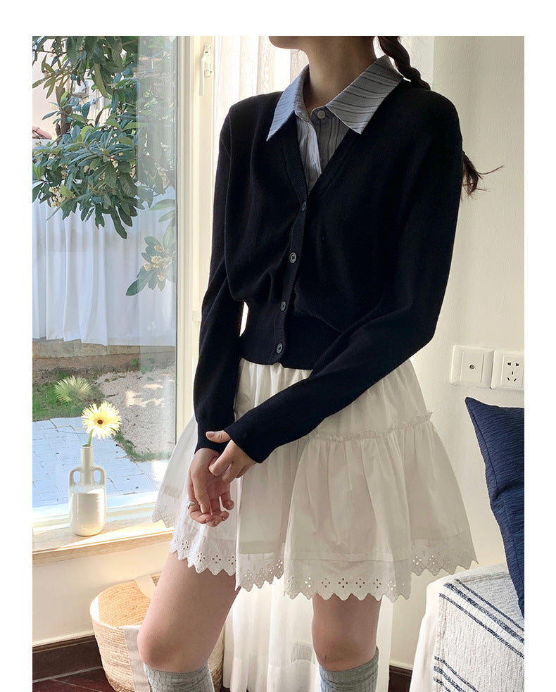 Korean-Style Polo Collar Knit Cardigan Top - Masion Chérie