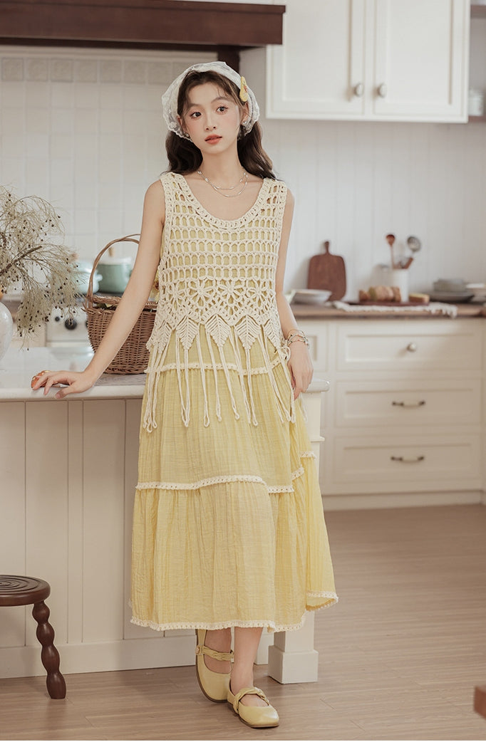 Bohemian Crochet Overlay Yellow Sundress