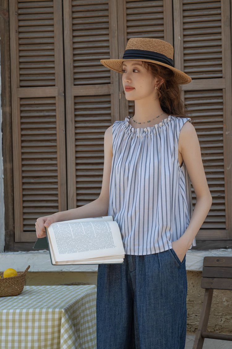 Striped Gathered Neck Sleeveless Top - Masion Chérie