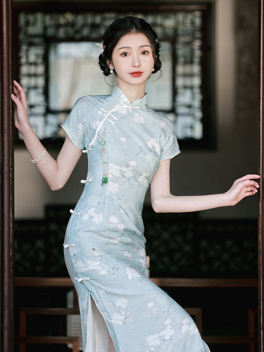 Elegant Blue Floral Print Cheongsam Dress - Masion Chérie