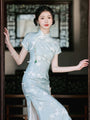 Elegant Blue Floral Print Cheongsam Dress - Masion Chérie