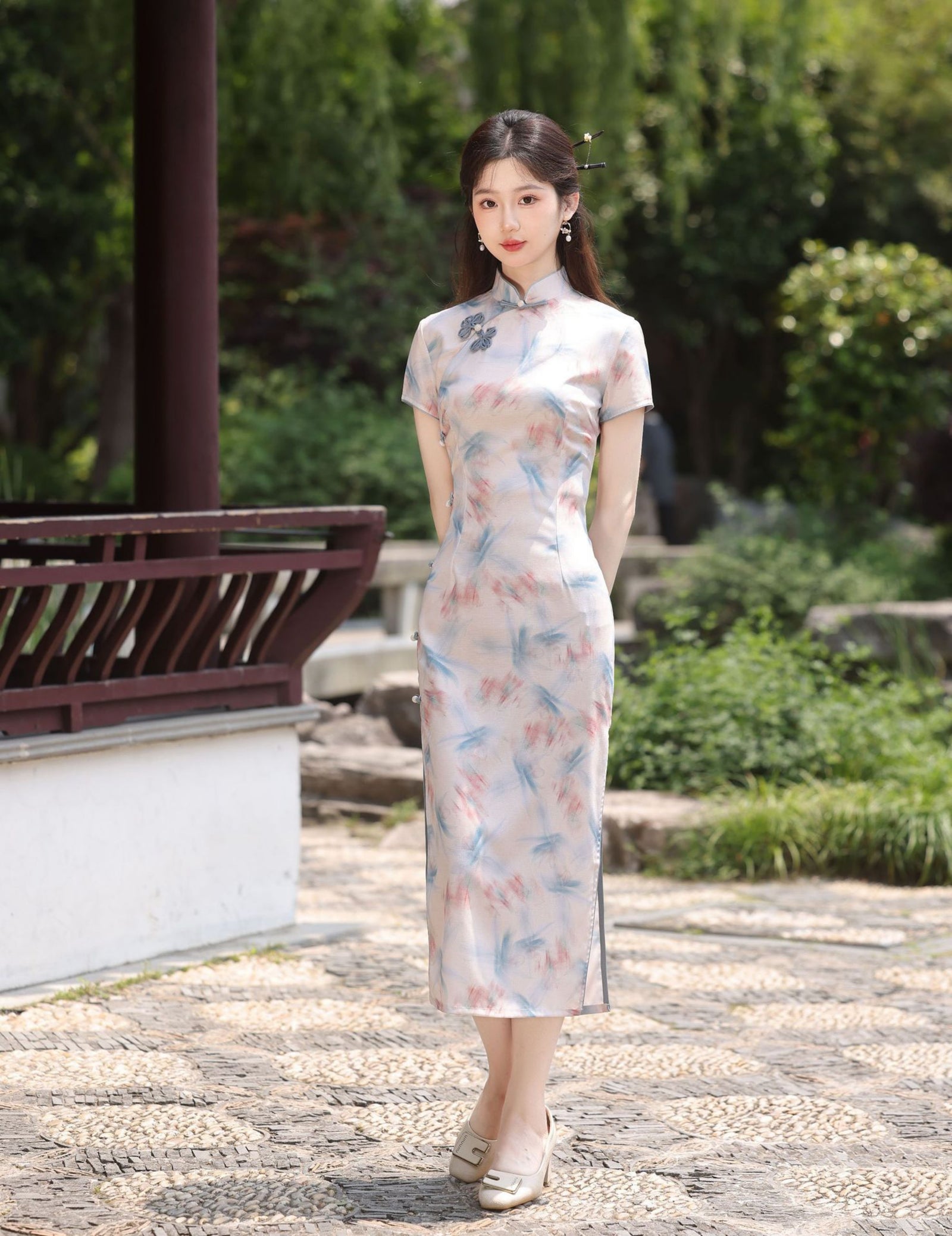 Blush Blue Jacquard Floral Cheongsam Dress