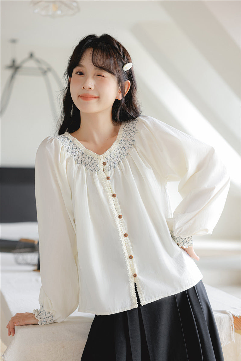 Smocked Yoke Button-Down Long Sleeve Blouse