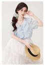 Charming Ruffled Blue Blouse & White Tiered Skirt Set - Masion Chérie