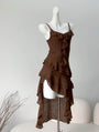 Chic Asymmetrical Ruffle Brown Spaghetti Strap Dress - Masion Chérie