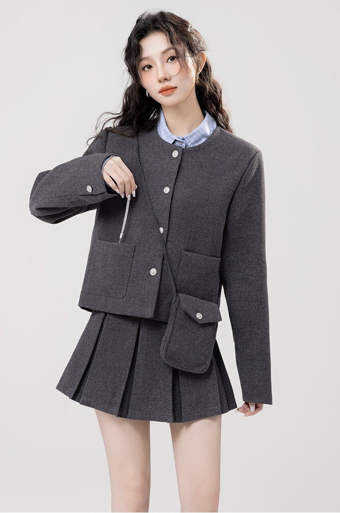 Trendy Gray Wool Jacket and Mini Skirt Set