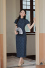 Vintage Navy Blue Floral Modified Cheongsam Dress