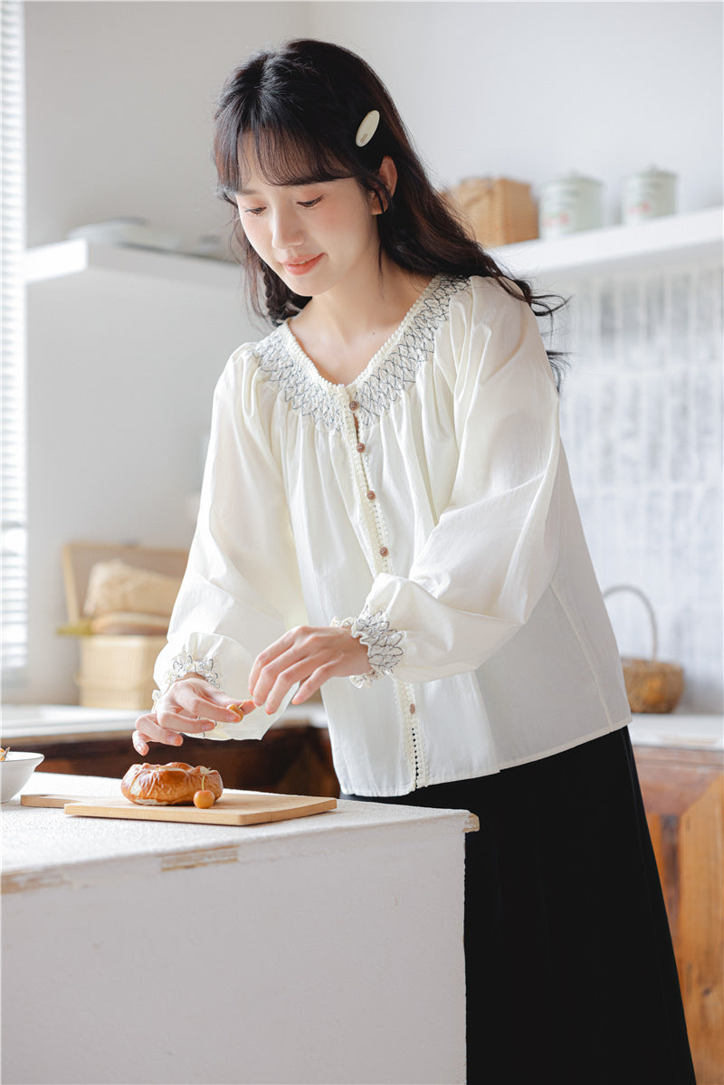 Smocked Yoke Button-Down Long Sleeve Blouse