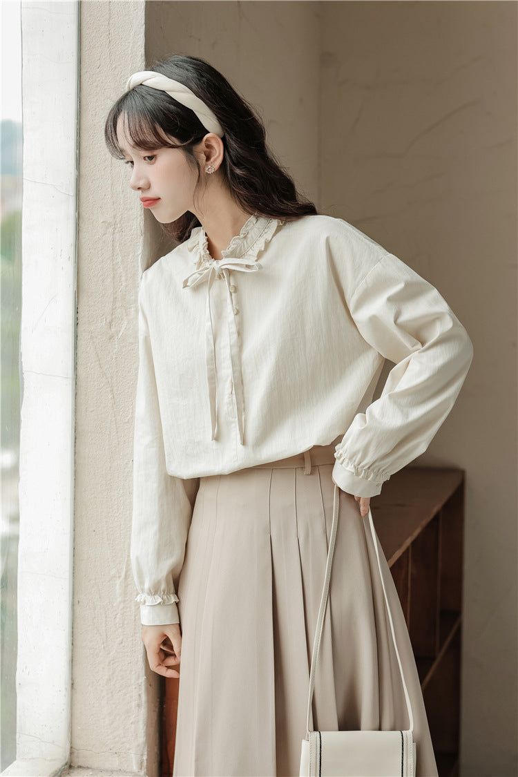 Elegant Ruffled Collar Ribbon-Tie Loose Fit Blouse