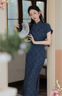 Vintage Navy Blue Floral Modified Cheongsam Dress