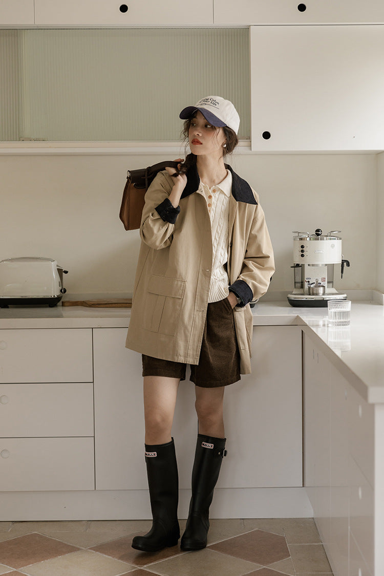 Khaki Two-Tone Contrast Collar Casual Jacket