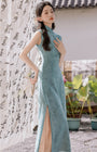 Elegant Blue Floral Embroidered Cheongsam Set