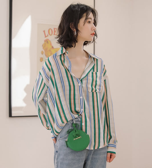 Vibrant Striped Button-Up Long Sleeve Blouse - Masion Chérie