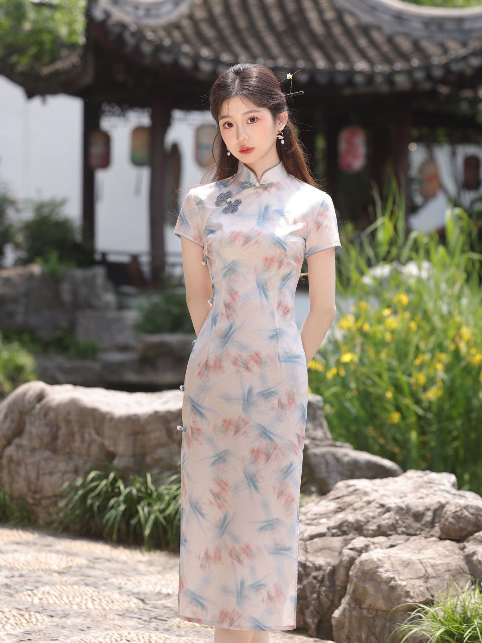 Blush Blue Jacquard Floral Cheongsam Dress