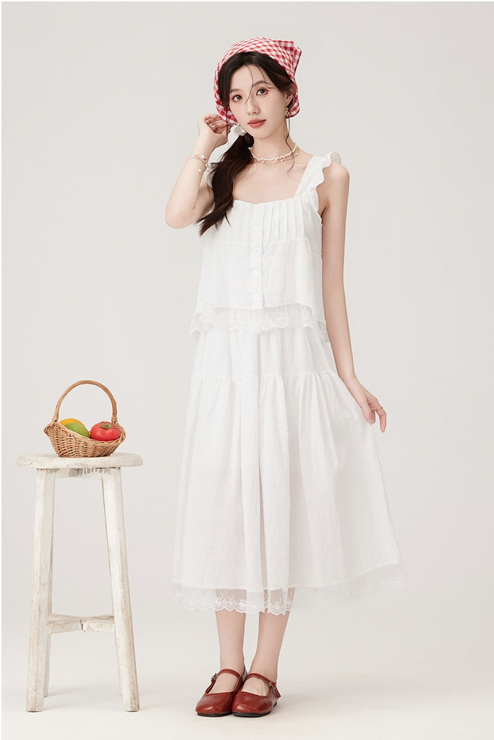 White Ruffled Tiered Midi Skirt Set