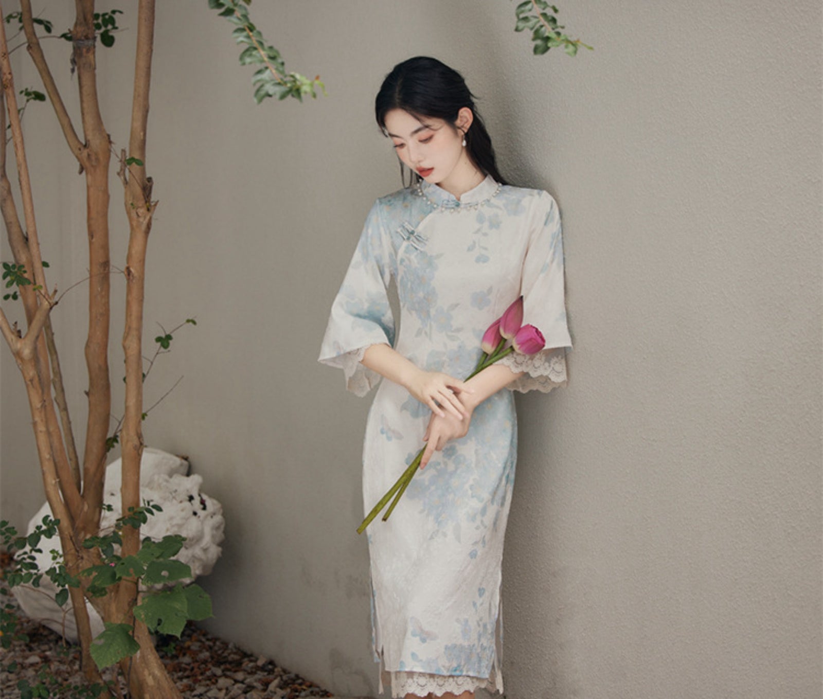 Delicate Pastel Floral Lace Cheongsam Dress